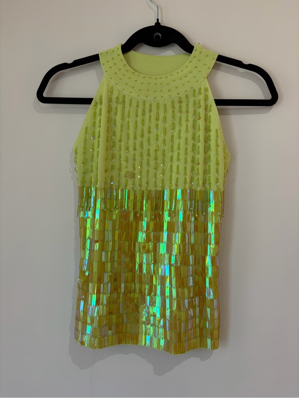 Y2K Green Beaded Sequin decorated Holographic high neck knit tank